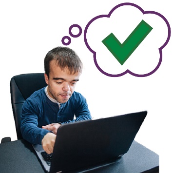 A person using a laptop. Above them is a tick inside a thought bubble.