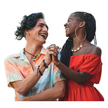 2 LGBTIQA+ identifying people smiling and holding hands.