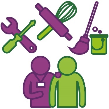 A provider supporting someone. Above them are 3 icons. The icons are tools, cooking utensils and cleaning supplies.