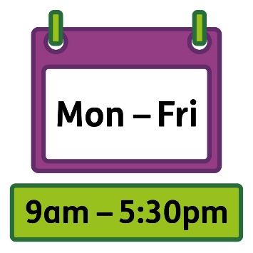 A calendar that says 'Monday to Friday' on it above a box that says '9AM to 5:30PM'.