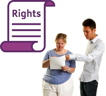 A person helping someone read a document and rights icon.