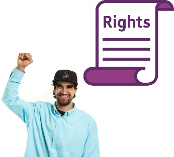 A person smiling and raising their hand in the air. Next to them is a rights icon.
