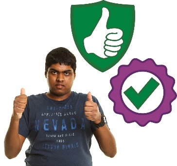 A person giving 2 thumbs up with a safety icon and a tick.