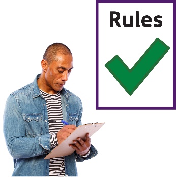 A man writing on a clipboard. Above him is a rules document and a tick.