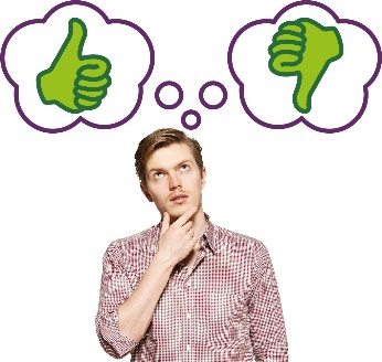 A person thinking. There is one thought bubble with a thumbs up, and a second through bubble with thumbs down.
