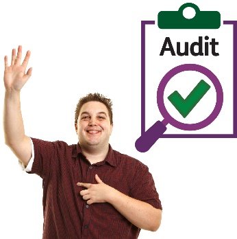 A person raising their hand and pointing to themselves. Above him is the audit icon with a magnifying glass.