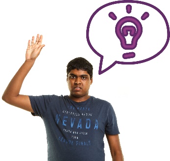 A man raising his hand to speak, a speech bubble, and an idea icon. 