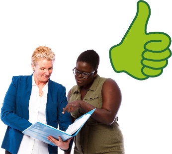 2 women looking at a document in a folder together and a thumbs up icon.