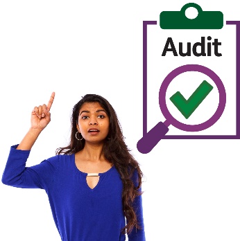 A woman raising her hand to speak and the audit icon.