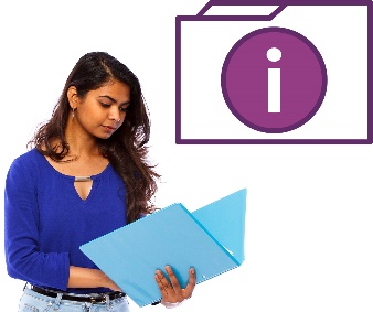 A woman looking in a folder, and a folder icon with an information icon on it.