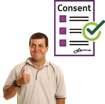 A person giving a thumbs up and a signed consent document with a tick.
