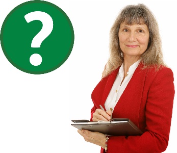 A woman next to a question mark icon writing on a clipboard.