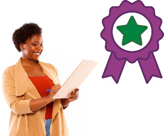 A woman reading a document and a badge with a star on it. 