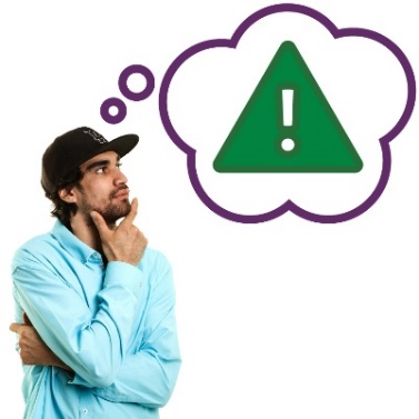 A person thinking. They have a thought bubble showing a problem icon. A problem icon is an exclamation mark inside a triangle.
