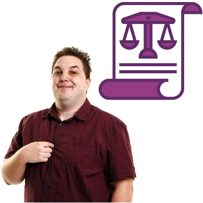 A person pointing to themself and smiling. Above is a legal document showing a rights icon. A rights icon is a set of scales.