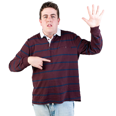 A person pointing to themself with their hand raised.