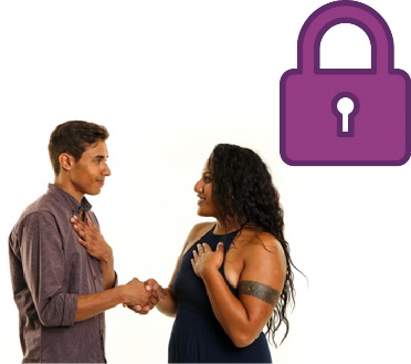 2 people shaking hands. Above is a lock icon.