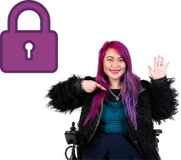 A lock icon next to a person pointing to themself with their hand raised.
