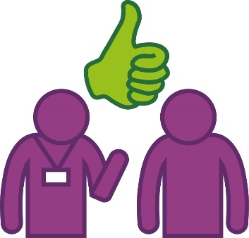 A provider supporting someone. Above is a thumbs up.