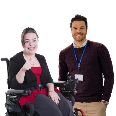 A person with disability giving a thumbs up next to a service provider.
