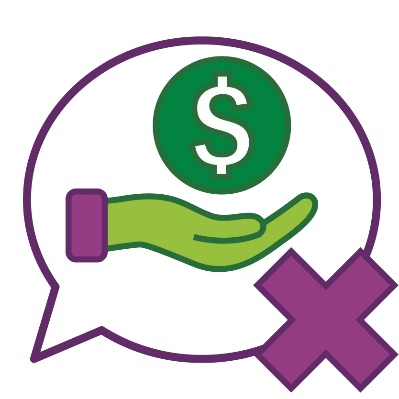 A speech bubble showing a hand holding a money icon. Below is a cross.