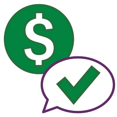 A money icon and a speech bubble showing a tick.