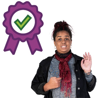 A person pointing to themself with their hand raised. Above is an icon of an award with a tick inside to show quality.