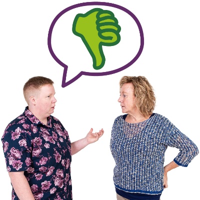 A person talking to their provider. They have a speech bubble showing a thumbs down.