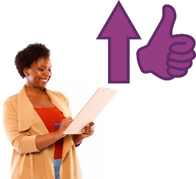 A person writing on a clipboard. Above is an arrow pointing up next to a thumbs up.