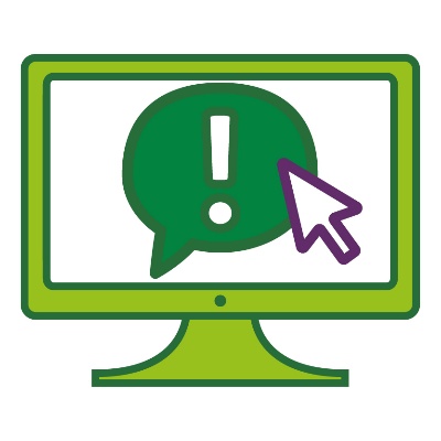 A computer screen showing mouse cursor and a speech bubble with an exclamation mark inside.