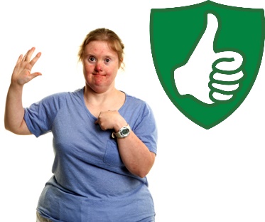 A participant pointing at themself and raising their hand. Next to them is a safety icon.