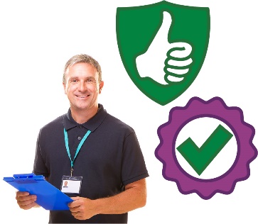 A provider holding a clipboard. Next to them is a safety icon and good quality icon.