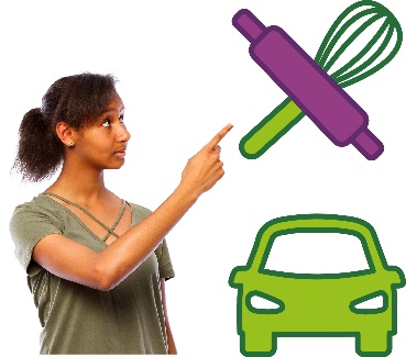 A participant choosing between a cooking icon and a car icon. They are pointing at the cooking icon.