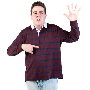 A person pointing to themself and raising their hand.