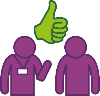 A provider supporting a participant. Above them is a thumbs up icon.