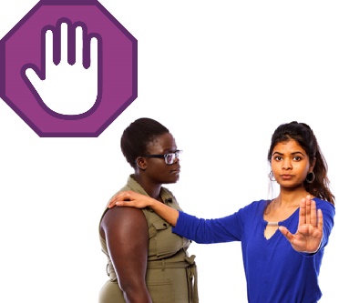 A provider protecting a participant. They are supporting the participant and holding out their hand in a stop sign. Next to them is a stop icon.