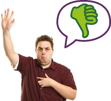 A person pointing at themself and raising their hand. Above them is a speech bubble with a thumbs down icon inside it.