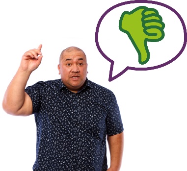 A person raising their hand. Above them is a speech bubble with a thumbs down icon inside it.