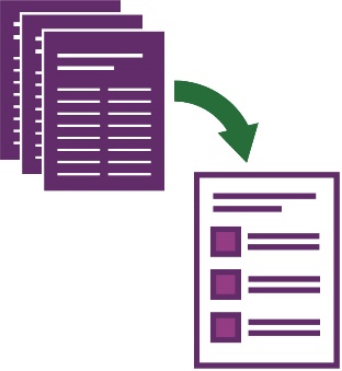 A long document with an arrow pointing to a shorter summary document.
