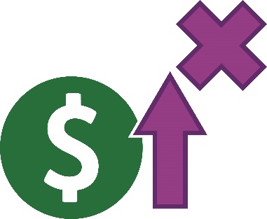 A dollar sign with an arrow pointing up next to a cross.