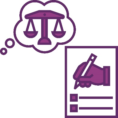 A thought bubble with a set of justice scales. A document with an icon of a hand writing with a pen.