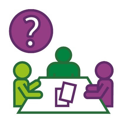 3 people around a table. There are papers on the table and a question mark above them.