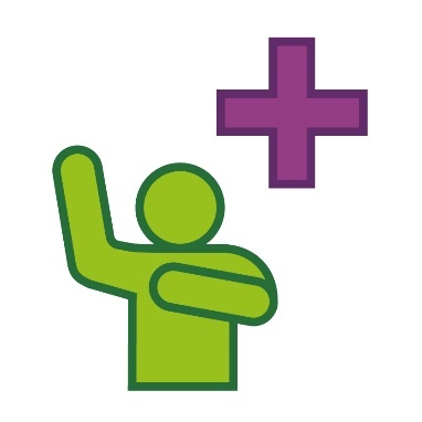 A person with their hand raised and the other hand pointing at themself under a plus.