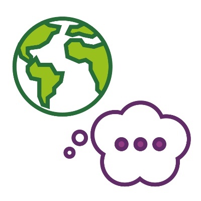 A globe of the world showing different countries, and a thought bubble.