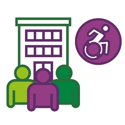 3 people in front of a building and a disability icon.