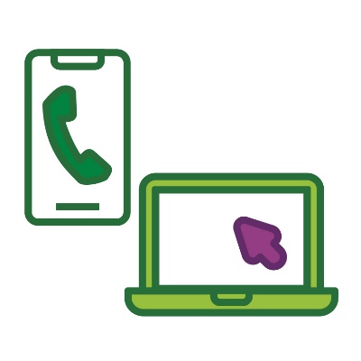 A phone with a call icon on it and a computer with a mouse pointer.