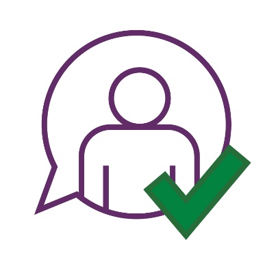 A person in a speech bubble with a tick on it.