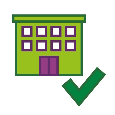 An organisaiton's building with a tick on it.