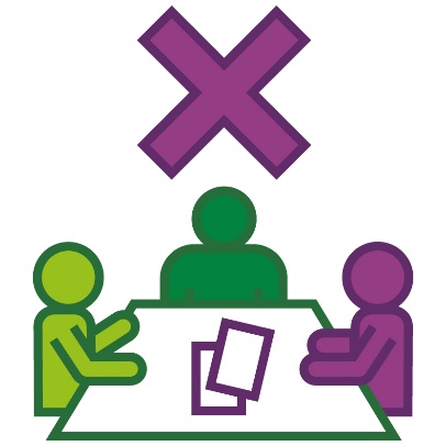 A cross above 3 people talking around a table. There are papers on the table. 