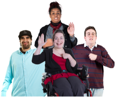 A group of people with disability with a hand raised.